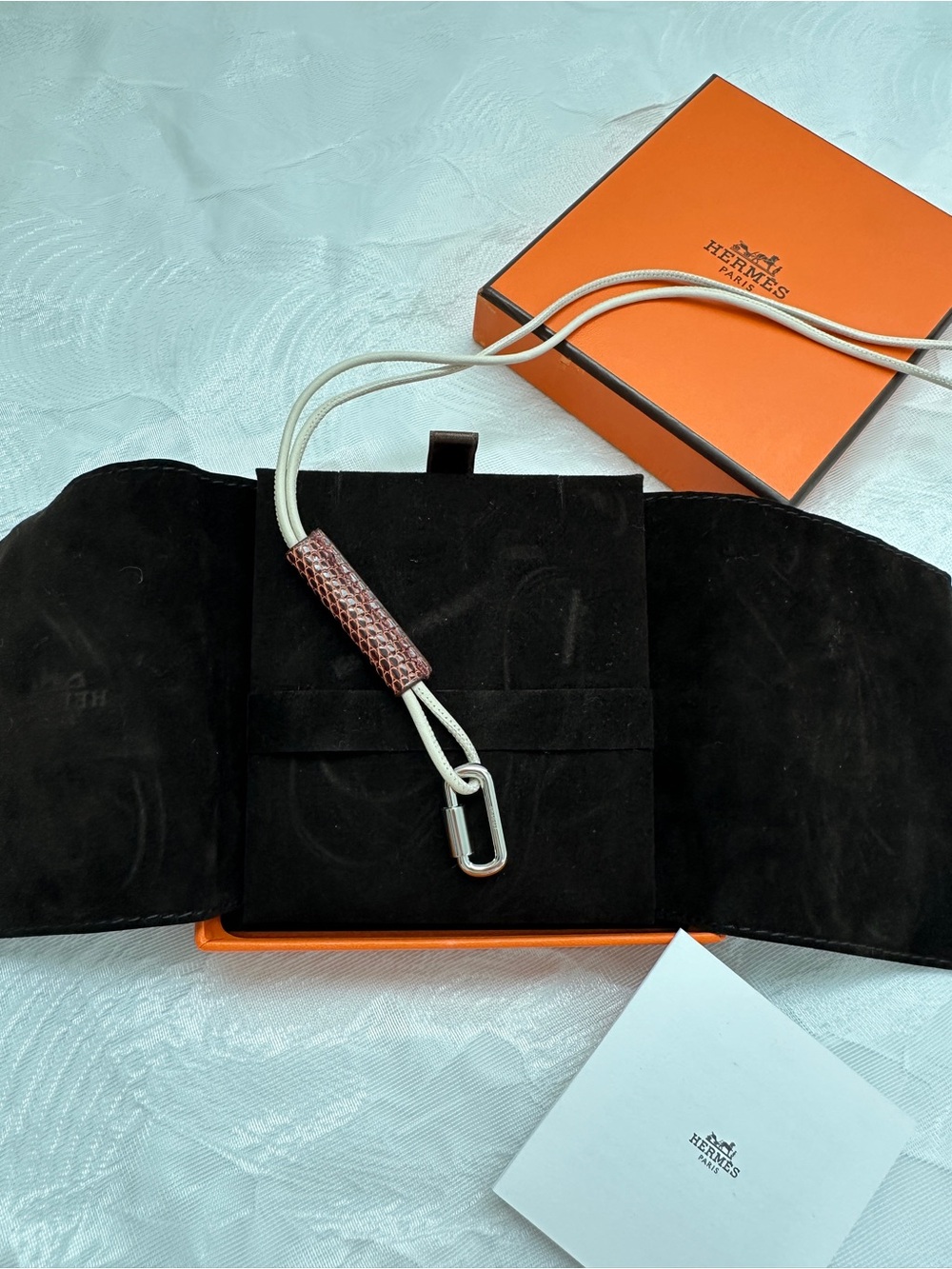 Hermès Curiosite Mousqueton Swift and Lizard Leather Necklace